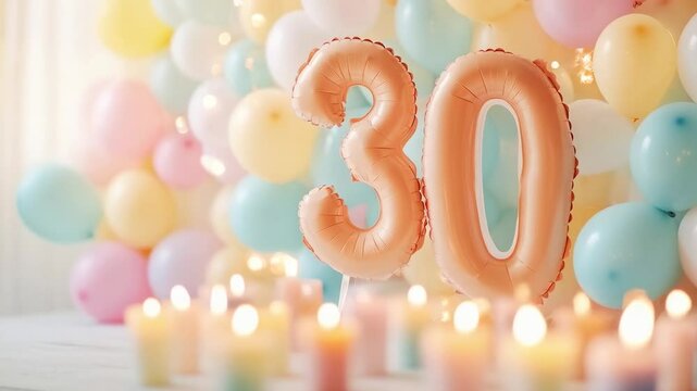 A Vibrant Celebration of Life: 30th Birthday Party Decorations with Colorful Balloons and Glowing Candles in a Joyful Atmosphere
