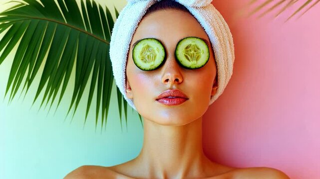 Cucumber Eye Mask Spa Day: A young woman with a white towel on her head relaxes with cool cucumber slices on her eyes against a pastel pink and teal background, evoking serenity and self-care. 