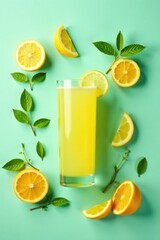 Fototapeta premium Refreshing citrus beverage in a tall glass, surrounded by juicy lemon and lime slices and vibrant green leaves on a pastel background