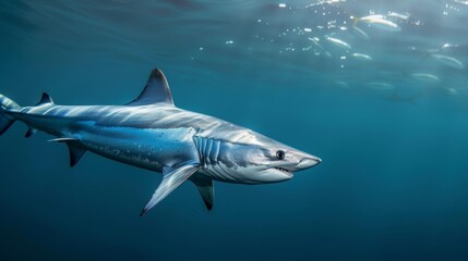 Fototapeta premium Mako shark gliding gracefully through clear underwater waters