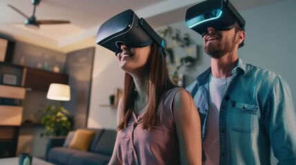 Couple Enjoying Virtual Reality Experience in a Modern Living Room