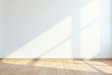 Sunlight Illuminates Empty Room with Light Wood Floor and Blank White Wall, Ideal for Interior Design Presentations or Mockups