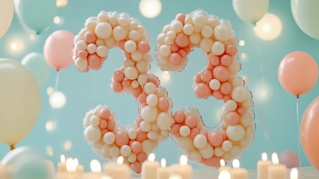 A Festive 33rd Birthday Celebration with Decorative Balloons, Candles, and a Charming Color Palette of Pastels Creating a Joyful Atmosphere