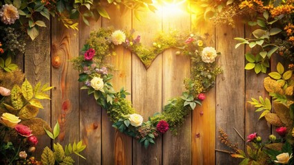 Naklejka premium Heart surrounded by flowers and leaves, with a subtle background texture of a wooden fence