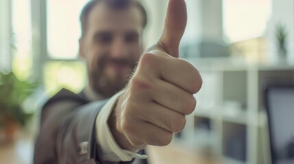 Man giving a thumbs-up after a successful office presentation