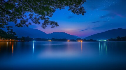 Fototapeta premium Enchanting Night View on Serene Water Body Skyline