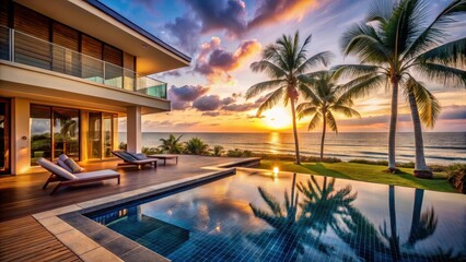 Fototapeta premium Luxury beachside resort villa with private pool and sunset view , palm trees, ocean