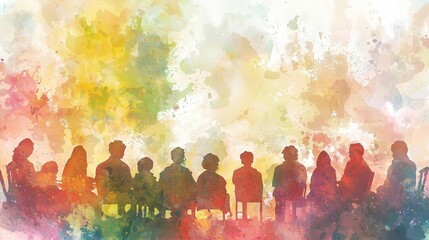 Naklejka premium Colorful Silhouette of Diverse People Against a Soft Watercolor Background