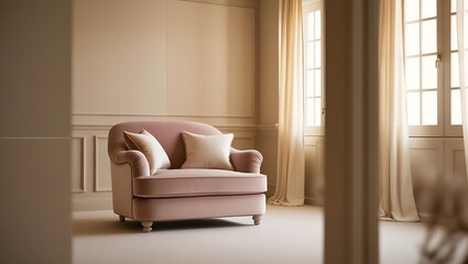 soft couch armchair sofa against wall. living room decoration design. minimalism interior. soft light from window.