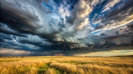 Obraz premium Dark storm clouds gather over a vast open field on a breezy day, with the wind blowing gently through the tall grass