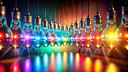 A room filled with a row of light bulbs emitting different colors and intensities , luminous scene