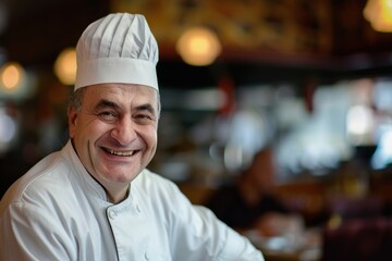 Smiling Chef in White Uniform Posing in Elegant Restaurant Setting