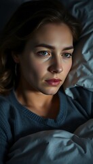 Naklejka premium Anxiety Disorder Insomnia Woman Concept Sleepless Woman Open Eye Awakening