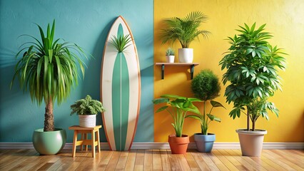 Fototapeta premium Double Exposure: Vibrant Surfboard & Lush Houseplants Against a Colorful Wall