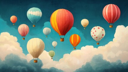 Naklejka premium Colorful Hot Air Balloons Flying Above Clouds in Blue Sky