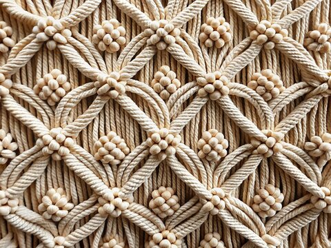 Eco-Friendly Macrame Texture: Closeup Handmade Knotted Pattern, Natural DIY Decor