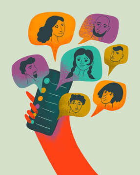 Hand holding a smartphone surrounded by chat bubbles with faces