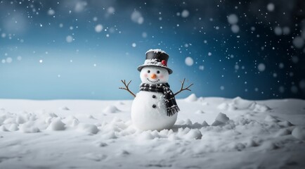 Obraz premium Snowman outdoors on sunny day. Christmas card with Snowman. Merry christmas and happy new year. Snowman on the snowy winter background. Christmas banner. Winter greeting card.