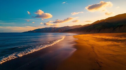 Obraz premium Golden Sunset Over Sandy Beach and Ocean