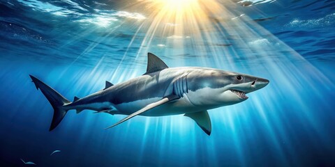 Fototapeta premium Great white shark swimming freely on transparent blue ocean background, sea creature, aquatic, sea creature