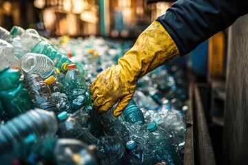 Obraz premium A gloved hand sorts through a pile of used plastic bottles. This image depicts the process of recycling plastic for environmental sustainability.
