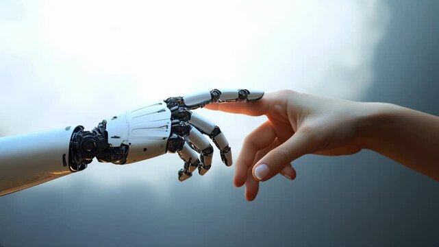 White cyborg robotic hand pointing his finger to human hand with stretched finger - cyber la creation - isolated on free white background.