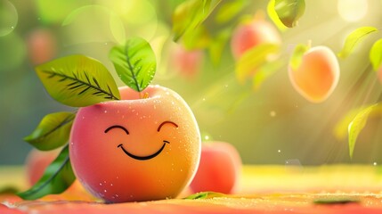 3D cartoon peach with a smiling face and green leaves in full color