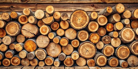 Natural wooden logs arranged in a stacked pattern on a wooden surface, creating a rustic and earthy background, earthy tones, natural texture