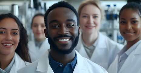 Diverse team of smiling scientists in lab coats