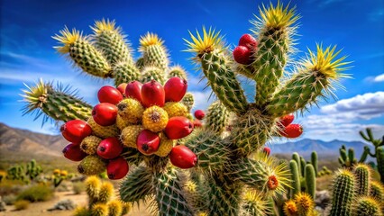 Fototapeta premium Long Exposure Photography: Desert Cholla Cactus Fruit Cluster of Four