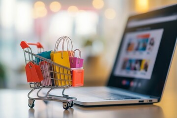 Online shopping cart with bags, laptop, cafe background