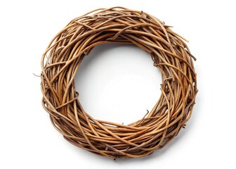 Minimalist Dry Brown Rattan Wreath on White Background - Stock Photo