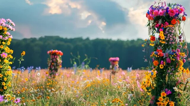 A traditional maypole decorated with flowers and grass stands tall in the middle of a green field, symbolizing spring festivals and cultural celebrations.