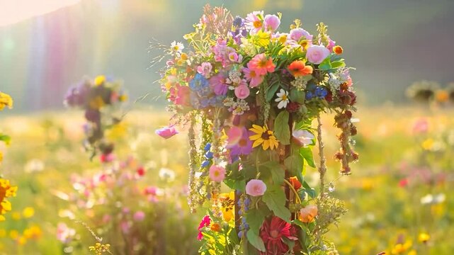 A traditional maypole decorated with flowers and grass stands tall in the middle of a green field, symbolizing spring festivals and cultural celebrations.