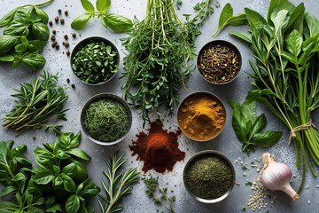 Vibrant High-Angle View of Fresh Herbs and Spices on Bold Surface for Flavorful Cooking