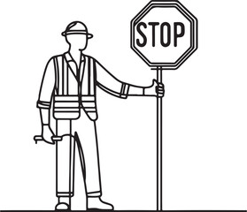 Line Drawing of Road Worker Holding Stop Sign