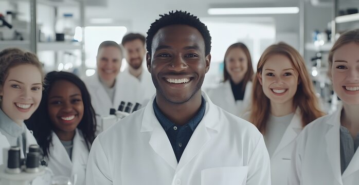 Diverse team of smiling scientists in a laboratory