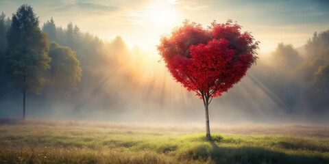 A red heart-shaped tree standing alone on a misty forest background with sunlight filtering through the leaves , misty morning, solitary trees