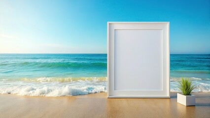 Modern White A4 Frame Mockup: Summer Sea Minimalist Interior Design for Bloggers