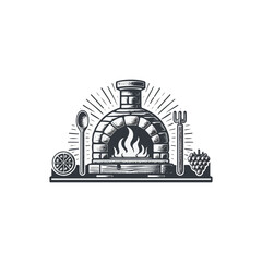 Vintage monochrome wood-fired pizza oven logo vector illustration