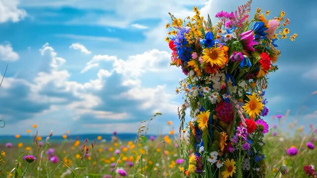 A traditional maypole decorated with flowers and grass stands tall in the middle of a green field, symbolizing spring festivals and cultural celebrations.