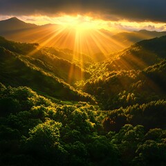Obraz premium Golden Sunset Rays Over Lush Green Mountains