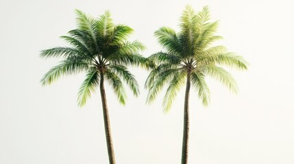 Two palm trees, sunny sky, tropical beach, vacation postcard