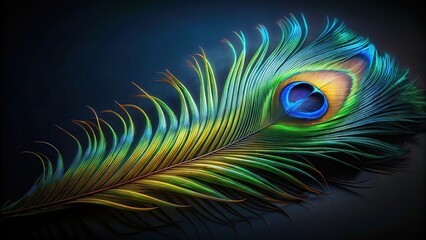 Obraz premium A majestic peacock feather lies gracefully on a dark black background, its vibrant blue and green hues catching the light perfectly, ornate accessories, bohemian style