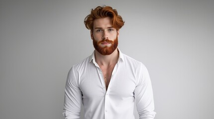 Obraz premium Fashion red hair model with stylish hair and beard. Man with long beard and mustache on serious face. Handsome male model with beard, mustache and trendy hairdo. Beard and mustache haircut.