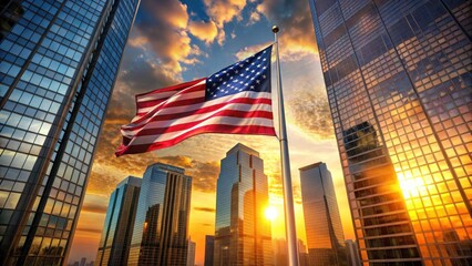 A majestic American flag fluttering in a luxurious high-rise glass tower, surrounded by sleek skyscrapers and bustling cityscape at sunset, Luxury, Cityscape