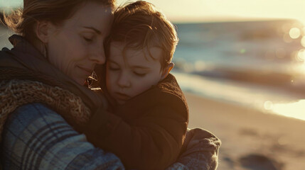 A mother embracing her child on a serene beach at sunset