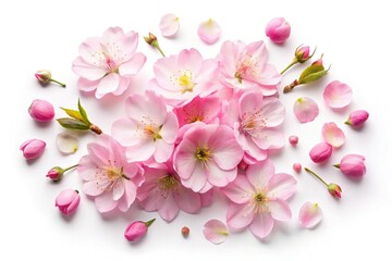 Naklejka premium Pink Sakura Cherry Blossom Petals Silhouette Springtime Flat Lay Isolated on White Background