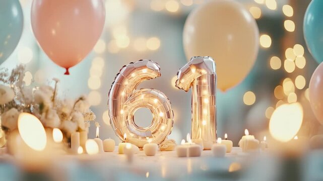 Celebrating a Special Milestone: A Heartwarming 61st Birthday with Festive Decorations, Balloons, and Soft Ambient Lighting Creating a Joyful Atmosphere for Family and Friends