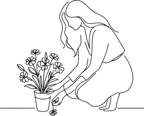 Elegant Line Drawing of a Woman Picking Flowers